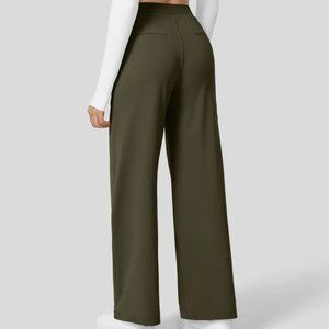 High Waisted Plicated Side Pocket Straight Leg Work Pants